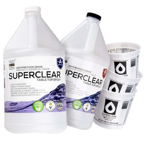 Superclear Table Top Epoxy Resin 2 Gallon Cup Kit, Crystal Clear 1:1 Coat | Self-leveling coating for bar tops, countertops, tumblers & wood. Anti-yellowing, UV resistant, food-safe, Made in USA - size: 2 gallons