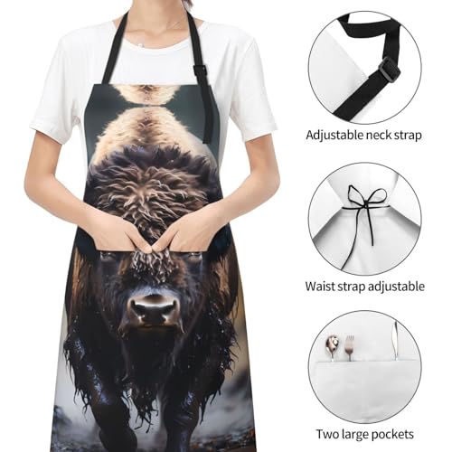 Prancing Brown Horse Heavy Duty Waterproof Apron with Pockets for AdultsResistant Grilling, Gardening, Painting - color: North American Bison