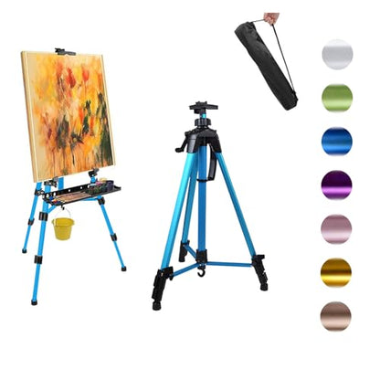 Easel for Painting, Portable & Foldable Easels Stand, Height-Adjustable 22'' to 62'', Equipped with Tray, Water Bucket Hook, Spirit Level, Compass & Carrying Bag for Art Display,Travel - Blue - style: Blue