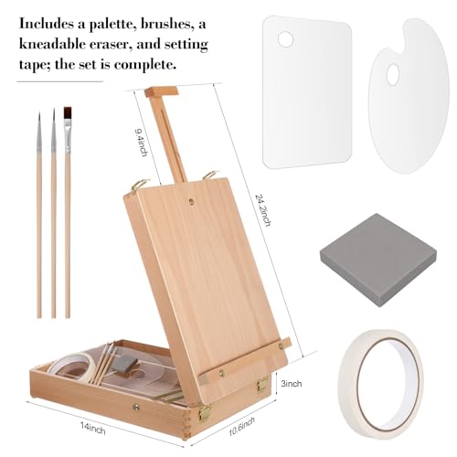 Maitys Tabletop Easel for Painting Set Portable Adjustable Wooden Sketchbox Tabletop Art Easel Stand Palette Brushes Tape Kneaded Eraser for Beginners Painting Sketching Travel