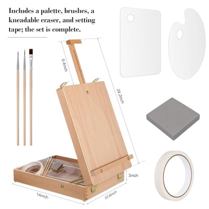 Maitys Tabletop Easel for Painting Set Portable Adjustable Wooden Sketchbox Tabletop Art Easel Stand Palette Brushes Tape Kneaded Eraser for Beginners Painting Sketching Travel