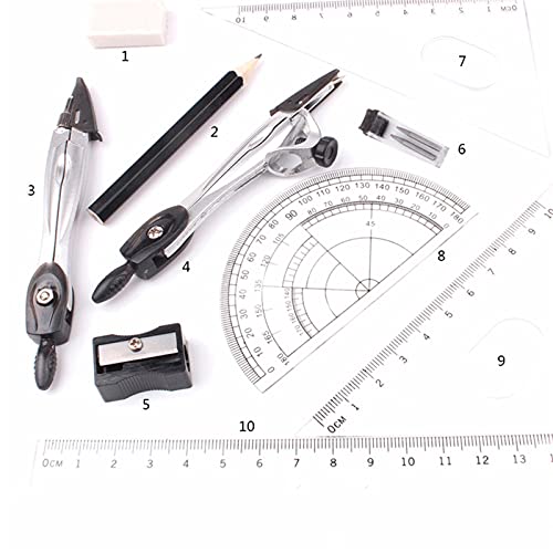 Compass for Geometry Metal Drawing Compasses Geometry Protractor Ruler EraserSet School Stationery Drafting Tools Office Stationery（19.5 * 2.3 * 9.3cm） Compass Drawing Tool