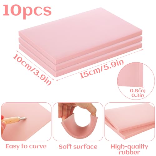 STARVAST 10PCS 4x6 Inch Linoleum Carving Blocks for Printmaking, Rubber Linocut Block Stamp Making Kit with Wood Carving Tools, Rubber Brayer Roller, Construction Platform, for DIY Crafts