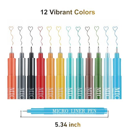 12 Colors Fineliner Pens Set, 0.5mm Fine Point Needle Tip Pens, No Bleed Waterproof Archival Ink for Drawing, Bullet Journal, Bible Journaling, Note Taking