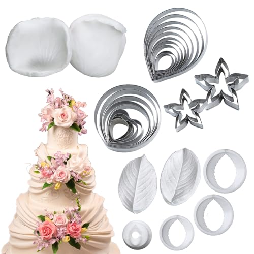 KALAIEN 31Pcs Austin Rose Cutter Set Rose Petals Silicone Fondant Mould Veining Petal Sugar Flower Making Tool - color: Austin Rose Cutter Set(31pcs)