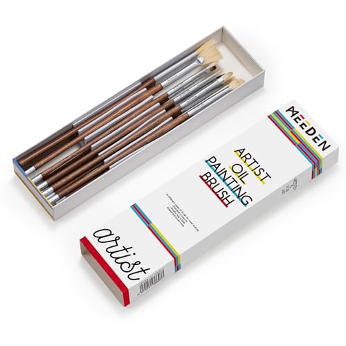 MEEDEN Artist Oil Paint Brush Set: 10 Pcs Hog Bristle Art Paint Brushes - Professional Oil Paint Brushes with Wood Long Handle - Perfect for Adults Canvas Painting
