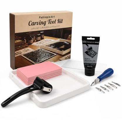 Falling in Art Linocut Kit for Printmaking, Rubber Block Stamp Printing Kit with Linoleum Blocks, Ink Paint and Brayer, DIY Carving Gift for Beginners and Artists - size: 34 Pcs