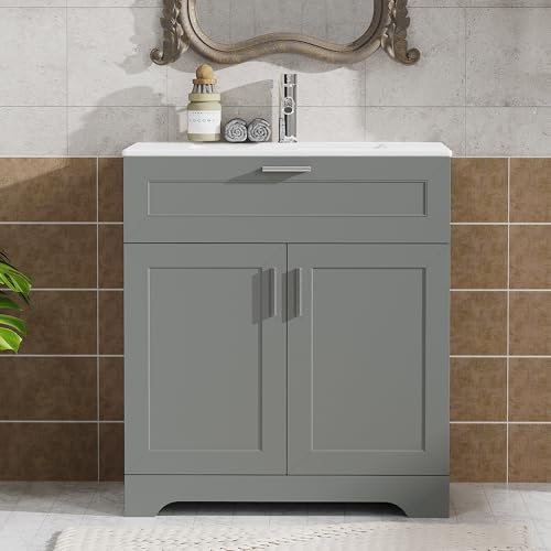 30 inch Bathroom Vanity with Ceramic Sink, Bathroom Sink and Cabinet Combo Set, Wood Vanity with Hidden Storage, Vanity Sinks for Bathrooms, Painted Surface (Grey, 30 inch) - color: Grey, size: 30 inch With Sink