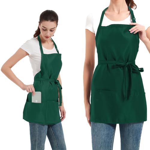Aprons for Women with 3 Pockets, Cooking Apron with Waterproof Coating, Chef Apron Adjustable Neck Strap - color: Green, 2 Pack