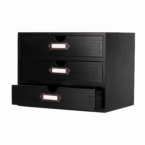 Wooden Storage Box Rustic Desktop Organizer with 3 Drawers Office Desk Accessories Shelf Small Craft Storage Containers Apothecary Cabinet and Chest Jewelry Holder for women(BLACK) - color: BLACK-SMALL03