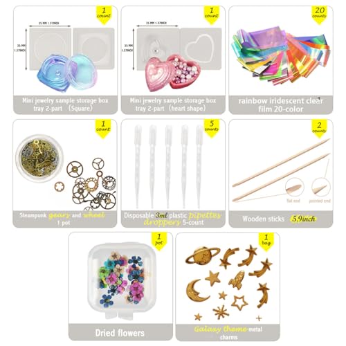 FUNSHOWCASE Trinket Box Resin Silicone Mold Set Jewelry Making 74 Kits Glitter Confetti Mermaid Pearl Iridescent Flims Pipettes Droppers Wood Sticks