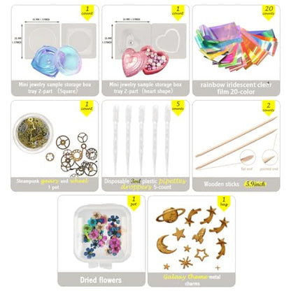 FUNSHOWCASE Trinket Box Resin Silicone Mold Set Jewelry Making 74 Kits Glitter Confetti Mermaid Pearl Iridescent Flims Pipettes Droppers Wood Sticks