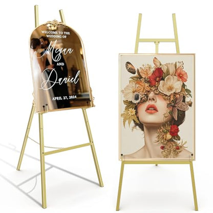 Gold Easel Stand for Sign, Heavy Duty Metal Display Easel with Adjustable Chain, 4-Tier Height Art Easel for Painting, Wedding Sign, Posters & Commercial Display - color: Gold