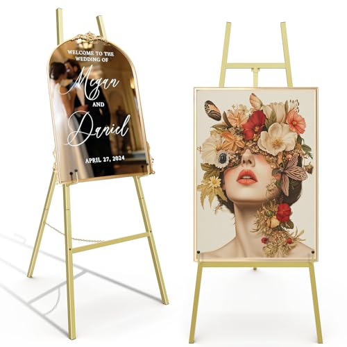 Gold Easel Stand for Sign, Heavy Duty Metal Display Easel with Adjustable Chain, 4-Tier Height Art Easel for Painting, Wedding Sign, Posters & Commercial Display - color: Gold