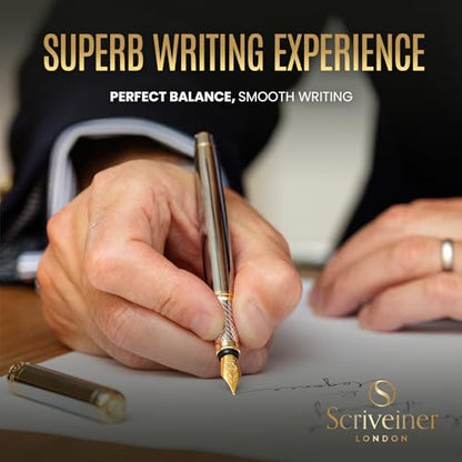 Scriveiner Silver Chrome Fountain Pen - Stunning Luxury Pen, Real Gold Finish, Schmidt Gilded Nib (Extra Fine), Best Gift Set for Men & Women Professional Executive Office Nice Designer Pen - color: 10. Silver Chrome with Gold, style: Extra Fine Nib