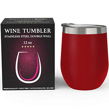 CHILLOUT LIFE 12 oz Stainless Steel Wine Tumbler with Lid - Double Wall Vacuum Insulated Wine Cup Glass Keeping Cold & Hot for Coffee, Champagne, Cocktails, Ice Cream - Powder Coated Red - color: Cherry Red, style: 1 Pack
