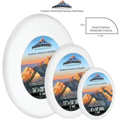 Paramount Contour Convex Profile Stretched Canvas, 11x14 Oval Canvas, 5 Pack, 3/4" Deep - Double Primed for Oil, Acrylic, and Mixed Media Art - 100% Cotton Duck Medium Texture - size: 11x14"