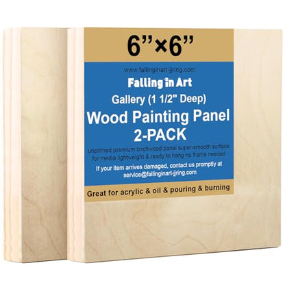 Falling in Art 2 Pack Unfinished Wooden Canvas Panels, 6x6 Gallery Birch Wood Panels Kit, 1 1/2" Deep Art Cradle Boards for Acrylic Painting, Pouring and Burning - size: 6*6 2 Pack