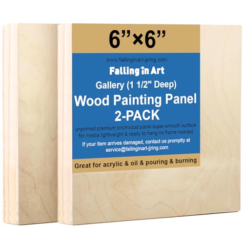 Falling in Art 2 Pack Unfinished Wooden Canvas Panels, 6x6 Gallery Birch Wood Panels Kit, 1 1/2" Deep Art Cradle Boards for Acrylic Painting, Pouring and Burning - size: 6*6 2 Pack