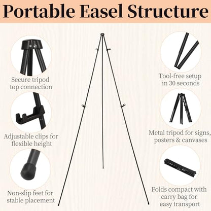 2 Pack Easel Stand for Sign, 66" Easel Stand for Painting & Display Black Aluminum Metal Tripod with Carry Bag, Portable Travel Easel for Adults Artists Wedding Sign
