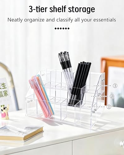 3-Layer Clear Acrylic Pen Holder & Desk Organizer | Desktop Pencil Cup, Makeup Brush Display Stand & Stationery Storage Case for Office, School and Home - size: 3 Layers