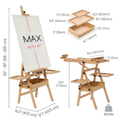 MEEDEN Painting Easel with Storage: H-Frame Beech Wood Art Easel for Adults, Artists, Students, Beginners - Adjustable 50"-80" H, Holds Canvas Up to 47 Inches - color: Natural