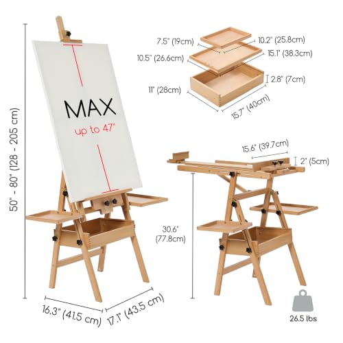 MEEDEN Painting Easel with Storage: H-Frame Beech Wood Art Easel for Adults, Artists, Students, Beginners - Adjustable 50"-80" H, Holds Canvas Up to 47 Inches - color: Natural
