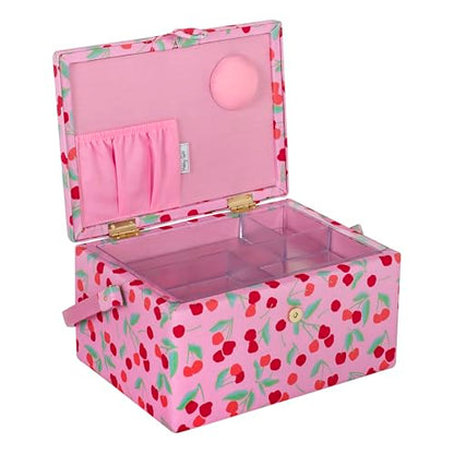 Hobby Gift Medium Sewing Box Organiser, Fabric Covered Storage Box with Handle, Internal Tray, Pin Cushion and Pocket for Sewing, Quilting and Knitting Supplies - color: Cherries