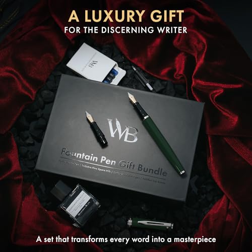 Wordsworth & Black Fountain Pen Set,18K Gilded Medium and Extra Fine Nib,25ML Black Ink Bottle,6 Ink Cartridges,Refill Converter,Gift Box,Smooth Writing Pens [Green Chrome],Gift Set for Men and Women - color: Green Chrome