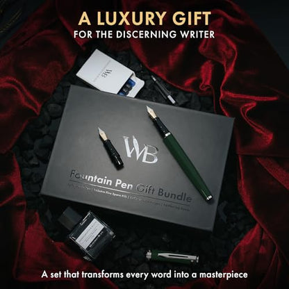 Wordsworth & Black Fountain Pen Set,18K Gilded Medium and Extra Fine Nib,25ML Black Ink Bottle,6 Ink Cartridges,Refill Converter,Gift Box,Smooth Writing Pens [Green Chrome],Gift Set for Men and Women - color: Green Chrome