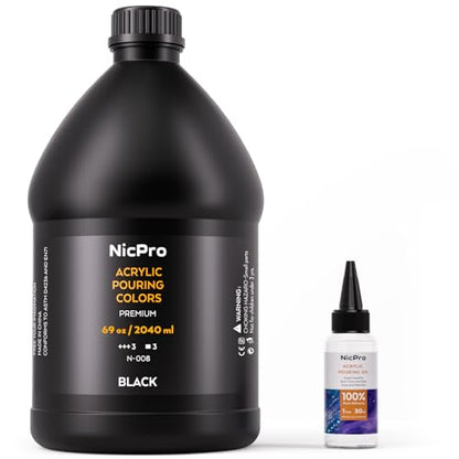 Nicpro Jet Black Color Acrylic Pour Paint, 69 Ounce Pre-Mixed Pouring Paint Supplies with Silicone Pour Oil & Gloves for Canvas, Rock, Wood Cell Creation Flow DIY Art Painting, Ready to Pour - color: 69oz-black