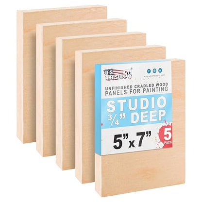 U.S. Art Supply 05" x 07" Unfinished Cradled Wood Panels for Painting, Studio 3/4" Deep (5 Pack) - Artist Depth Birch Wooden Wall Canvases - Mixed-Media Craft, Acrylic, Oil, Encaustic, Paint Pouring - size: 5" x 7"