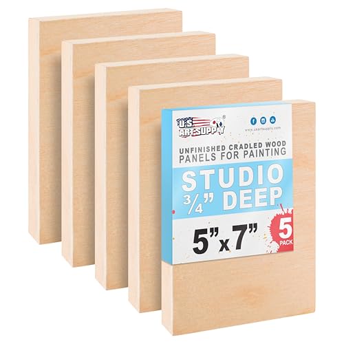U.S. Art Supply 05" x 07" Unfinished Cradled Wood Panels for Painting, Studio 3/4" Deep (5 Pack) - Artist Depth Birch Wooden Wall Canvases - Mixed-Media Craft, Acrylic, Oil, Encaustic, Paint Pouring - size: 5" x 7"