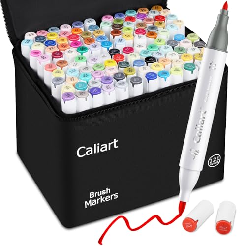 Caliart Alcohol Markers Brush Tip - 121 Colors Dual Tip Artists Coloring Markers Set Brush & Fine, with Case Permanent Alcohol Based Colored Sketch Pens, Art Supplies Gifts for Adults Drawing - style: Fine & Brush