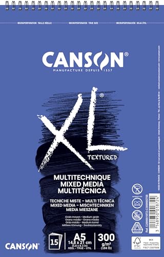 CANSON XL Textured Mixed Media 300gsm A5 Paper, Medium Grain, Spiral Pad Short Side, 15 White Sheets, Ideal for Professional Artists & Illustrators