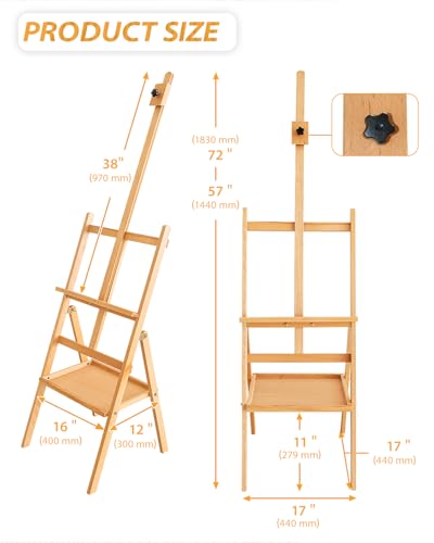 Adjustable Wooden Art Easel Stand for Painting, Solid Beech Wood Easel Stand with Storage Tray,Floor Standing Paint Art Easel,Large Easel Painting for Students Studio - style: Easel