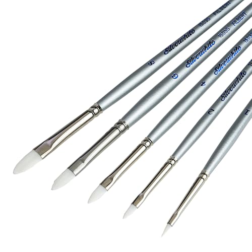 Silver Brush Limited SW-1586S Silverwhite Short Handle Filbert Brushes with Soft White Synthetic Taklon, 5pc Professional Painting Set for Acrylic, Watercolor, Gauche, Ink, Dye, Craft Paint & Tempera - style: 5 Pc, Short Handle Filberts