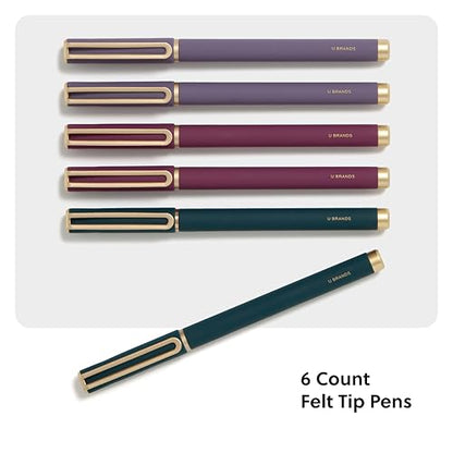 U Brands Catalina Felt Tip Pens, Set of 6 Black Ink Pens, Soft Touch Jewel Tones, Gold Details, Medium (0.7 mm) Point