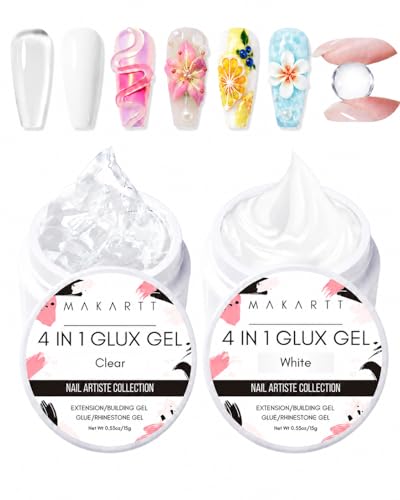 Makartt 3D Gel Nail Art: 4-in-1 Clear & White Solid Gel Builder Non-sticky for Extension 3D Sculpting Nail, UV Glue for Acrylic Nails, Rhinestones & Sculpture Hard Gels for Nails UV/LED Lamp Required - color: Clear & White