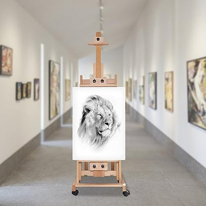 Wooden H-Frame Easel, 56" to 91" H Studio Easel with Large Storage Tray Adjustable Sturdy Beech Wood Desktop Art Easel, Portable Painting & Display Table with Large Storage Tray and Wheel,18.9*20.87in