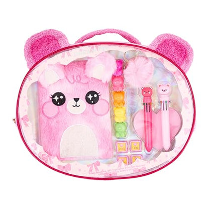 VOTUM Fuzzy Bear Stationery Gift Set for Kids – Plush Notebook, Stackable Highlighters, Click Pens, Sticky Notes & Erasers – Cute Pink Writing Supplies Case - color: Bows & Bears