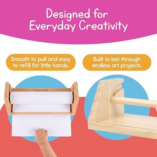 Wooden Kids Paper Roll Dispenser with 12" x 75 ft Art Paper Roll – Tabletop Easel for Drawing, Painting & Crafts – Smooth Easy-Pull Holder for Creative Play – 7 Days of Play - color: Paper Roll Dispenser