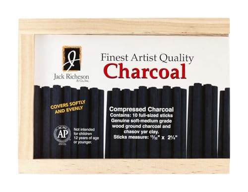 Yarka Extra Smooth Medium Soft Non-Toxic Pressed Charcoal Stick, 4-3/8 x 7/16 in, Black, Pack of 10