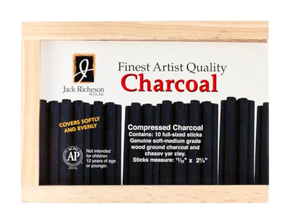 Yarka Extra Smooth Medium Soft Non-Toxic Pressed Charcoal Stick, 4-3/8 x 7/16 in, Black, Pack of 10