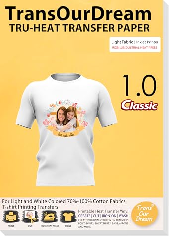 TransOurDream Heat Transfer Paper for Light T Shirts (50 Sheets, 8.5x11") Iron on Transfer Paper for Light & White Fabrics Printable Heat Transfer Vinyl for Inkjet Printer(TOD-L1-50) - color: Light, size: 50 Sheets