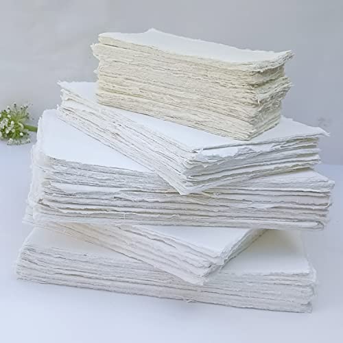 Handmade Off-White Deckle Edge Blank Paper - Mixed Media, Calligraphy, Watercolor, Postcards, Invitations, Crafts, and Announcements - Thick 150 GSM, Pack of 100 Sheets (7" x 5" Off-White) - size: 7" x 5" Off-White