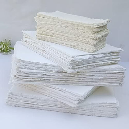 Handmade Off-White Deckle Edge Blank Paper - Mixed Media, Calligraphy, Watercolor, Postcards, Invitations, Crafts, and Announcements - A5, Thick 150 GSM, Pack of 100 Sheets (8" x 6" Off-White) - size: 8" x 6" Off-White