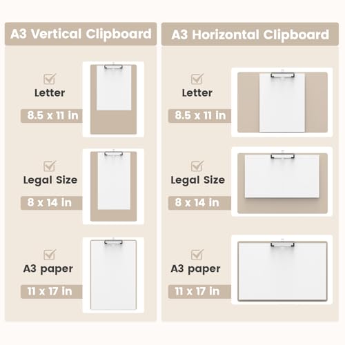 Extra Large 11x17 Clipboards, Landscape and Vertical Layout 2 Pack | Khaki Plastic Drawing Boards with Low Profile Clip. Suitable for Watercolor, Sketching, Painting. Art & Drafting Supply - color: Khaki