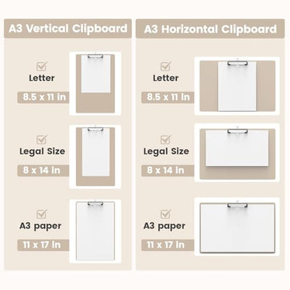 Extra Large 11x17 Clipboards, Landscape and Vertical Layout 2 Pack | Khaki Plastic Drawing Boards with Low Profile Clip. Suitable for Watercolor, Sketching, Painting. Art & Drafting Supply - color: Khaki