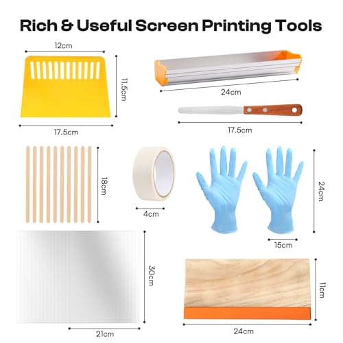 Caydo 57 Pieces All-in-One Screen Printing Kit with 3 Sizes Wood Screen Printing Frames, 15 A4 Size Inkjet Transparency Films, 6 Colors Screen Printing Ink, Photo Emulsion, Squeegee and Scoop Coater